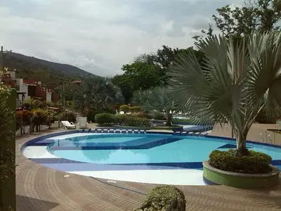 a large blue swimming pool with a palm tree in it at Apartasol San Jeronimo in San Jerónimo