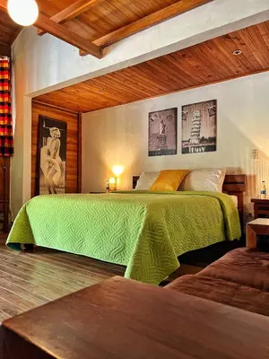 a bedroom with a green bed in a room at Finca Turística de Alojamiento Rural Avalon in Jardin