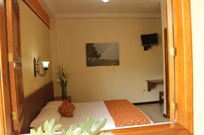 a bedroom with a bed and a tv on the wall at Hotel Valdivia Plaza in Jardin