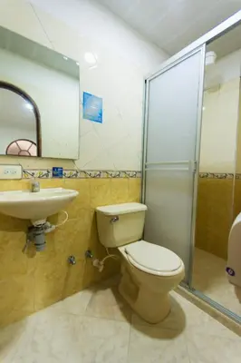 a bathroom with a toilet and a sink and a shower at Hotel Real Guatapé in Guatapé