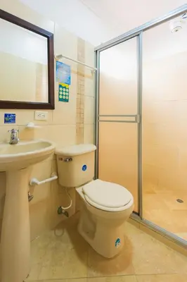 a bathroom with a toilet and a sink and a shower at Hotel Real Guatapé in Guatapé