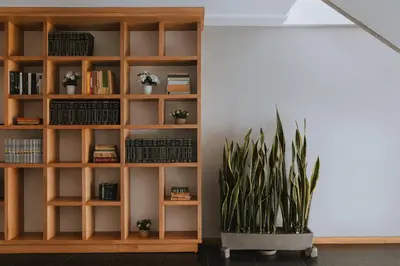 a book shelf with books and a potted plant at Travelers Orange Suites in Medellín