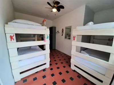 two bunk beds in a room with a ceiling fan at Noah boutique hostels Medellín in Medellín