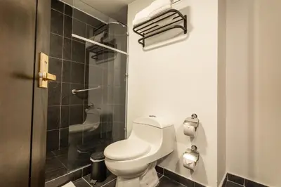 a bathroom with a toilet and a shower at Hotel Carretero in Manizales