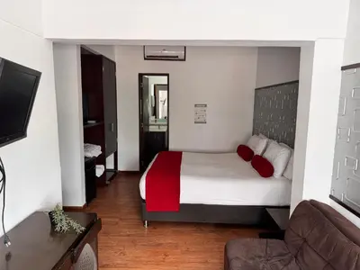 a bedroom with a bed with red pillows on it at Hotel Florencia Plaza in Medellín