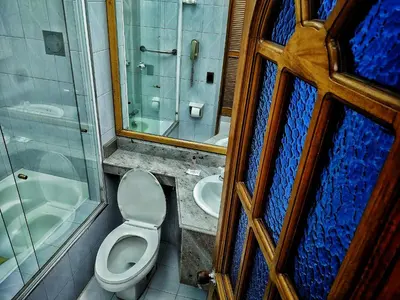 a bathroom with a toilet and a shower and a sink at Gran Hotel in Medellín