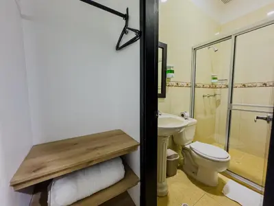 a bathroom with a toilet and a sink and a shower at Hotel Central Plaza Medellin in Medellín