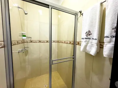 a shower with a glass door in a bathroom at Hotel Central Plaza Medellin in Medellín