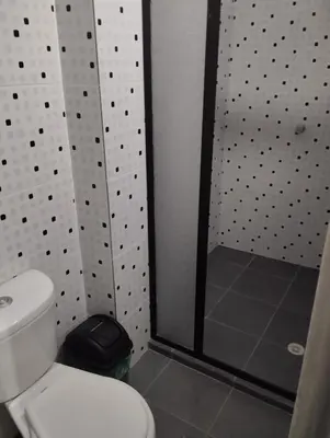 a bathroom with a white toilet and a shower at Hotel Ozzy in Doradal