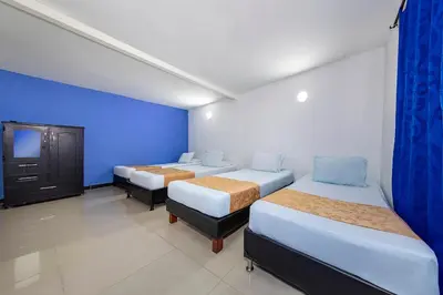 a bedroom with two beds and a blue wall at Hotel Confort Obelisk in Medellín