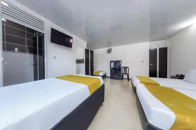 a hotel room with two beds and a tv at Hotel Confort Obelisk in Medellín
