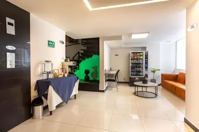 a living room with a table and a green wall at Hotel Suite Comfort in Medellín