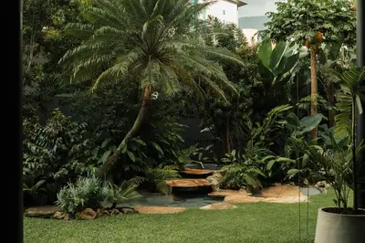 a garden with a palm tree and a bench at Hotel Poblado Plaza in Medellín