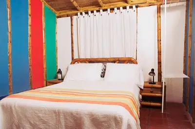 a bedroom with a bed with a colorful wall at Palestina Ecohotel in Chinchiná