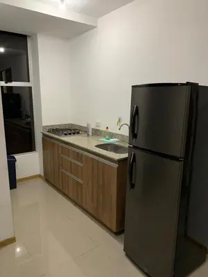 a kitchen with a stainless steel refrigerator and wooden cabinets at Apartasol in Santa Fe de Antioquia