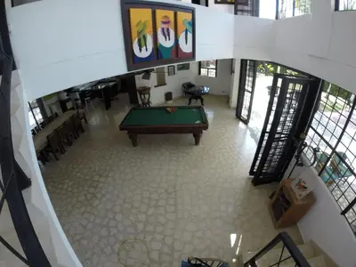 an overhead view of a pool table in a building at Finca Galicia in Sopetran