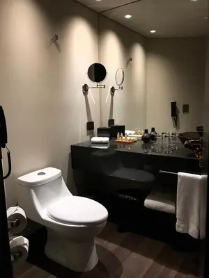 a bathroom with a white toilet and a black counter at Movich Hotel Las Lomas in Rionegro