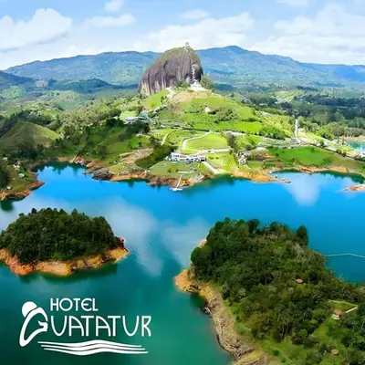 an aerial view of an island in a lake at Hotel Guatatur in Guatapé
