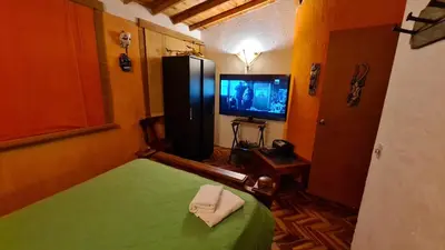 a bedroom with a green bed and a television at Apartamento Acogedor en el Retiro in El Retiro