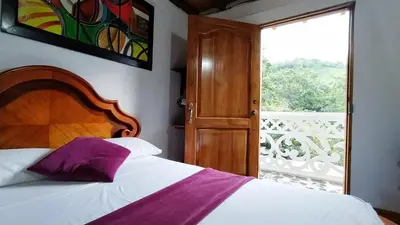 a bedroom with a bed with a wooden headboard and a window at Hostal Vista Hermosa in San Rafael
