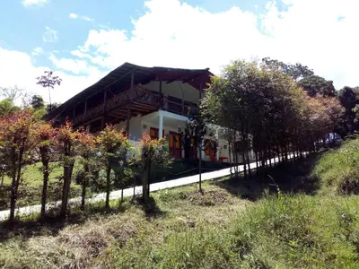 a house with a row of trees in front of it at Hostal Encanto La Salada in Jardin