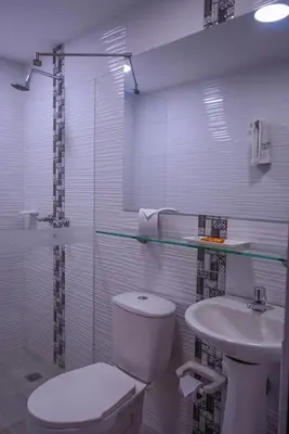 a white bathroom with a toilet and a sink at Hotel Palmas del Estadio in Medellín