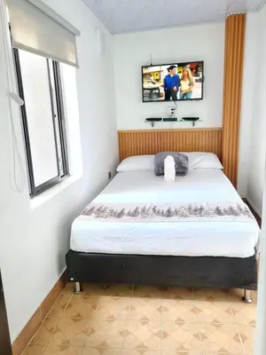 a bedroom with a bed and a tv on the wall at New Cozy Apartment in the Poblado, San Lucas in Medellín