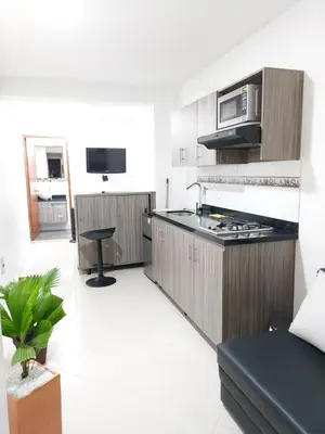 a kitchen with a stove and a microwave at Apartaestudio Centro Comercial la Central in Medellín