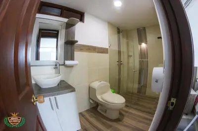 a bathroom with a toilet and a sink and a shower at Hotel La Roca San Rafael in San Rafael