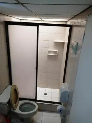 a bathroom with a toilet and a shower at Yellow House Hostel in Medellín