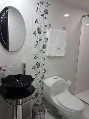a bathroom with a toilet and a sink and a mirror at Hotel Orion in Chinchiná