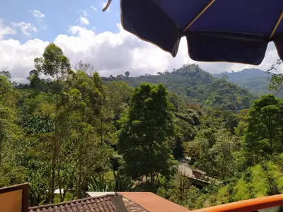 a view of the mountains from a house with an umbrella at Hotel Orillas del Pizano in Jardin