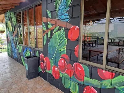 a mural on the side of a building with a butterfly at Finca Campestre Villa del Campo in Santa Rosa de Cabal