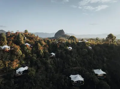 an aerial view of a forest with houses and trees at Bosko in Guatapé