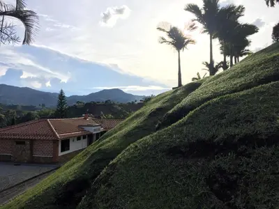 a grassy hill with a house and palm trees at CASA CAMPESTRE MONTECARLO Guatapé- desayuno a pareja in Guatapé
