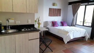 a bedroom with a bed with pink pillows and a sink at Ecolodge Bahia del Peñón in Guatapé