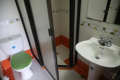 a bathroom with a shower and a toilet and a sink at Hospedaje Aquel Almendro in Santa Fe de Antioquia