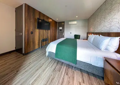 a hotel room with a large bed and a flat screen tv at Cafe Hotel Medellín in Medellín