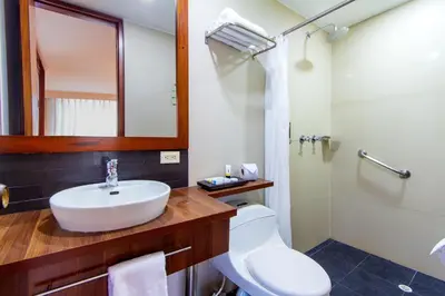 a bathroom with a sink and a toilet and a shower at The Morgana Poblado Suites Hotel in Medellín