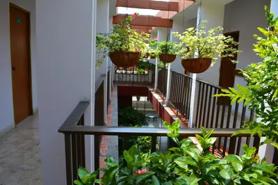 a hallway with potted plants on the stairs at Hotel Tayrona in Puerto Berrío