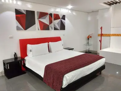 a bedroom with a large bed and a bath tub at Hotel Merlott 70 in Medellín