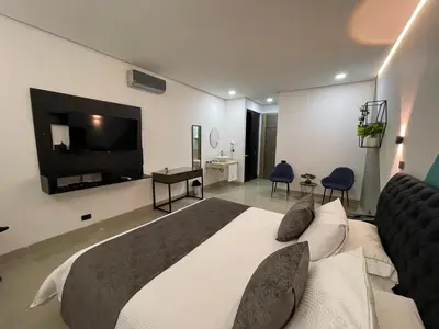 a bedroom with a large bed and a flat screen tv at Hotel Merlott 70 in Medellín