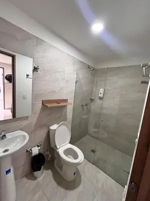 a bathroom with a shower and a toilet and a sink at Hotel Sie7e in Medellín