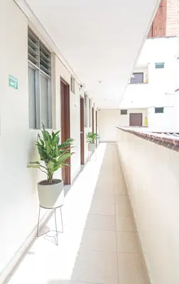 a corridor of an office building with a potted plant at Hotel Conquistadores in Medellín