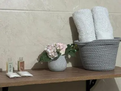 a shelf with toilet paper and a vase with flowers at Gemas San Joaquin 1 in Medellín