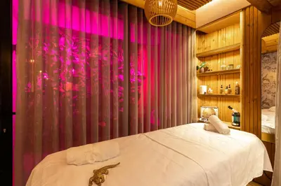 a bedroom with a bed with a pink curtain at Celestino Boutique Hotel & Spa in Medellín