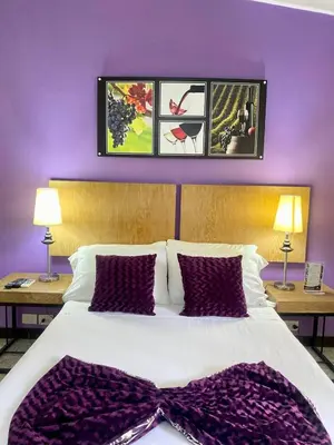 a bedroom with a large bed with purple walls at Hotel Aromax del Campestre in Medellín