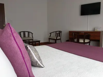 a bedroom with a bed with purple pillows and a desk at Regine's Manizales By Hoteles Confort 80 in Manizales