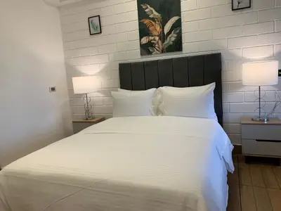 a bedroom with a large white bed with two lamps at Hotel Provenza Garden in Medellín