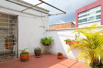 a patio with potted plants on a white wall at Casa Entera-Cerca a Mall La Central y Estación de Tranvía in Medellín